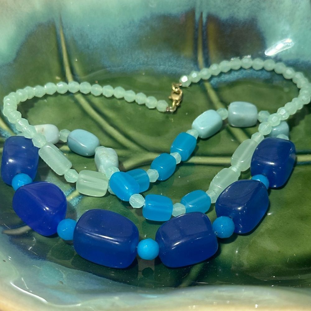 Handcrafted Beautiful Two Tone Blue Sea Glass Bead Necklace 28”